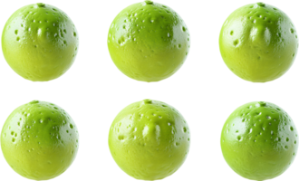 Six fresh, whole limes with a vibrant green color are isolated against a plain background, showcasing their textured surfaces. png