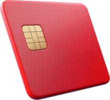 Red SIM card for mobile devices, close-up. The small gold-colored chip is visible, against a black background. Connection and communication. png