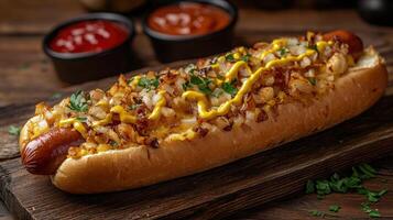 A delicious hot dog topped with caramelized onions, cheese, and mustard. photo