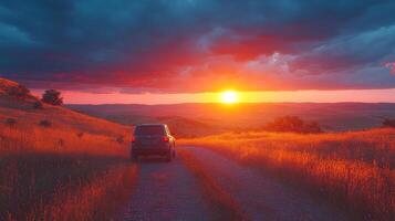 A SUV drives on a dirt road at sunset over a golden hill. photo