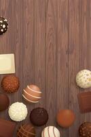 Various chocolate balls and chocolate bar top view on wooden vertical background graphic illustration have blank space. vector