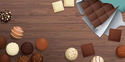 Various chocolate balls and chocolate bar top view on wooden background graphic illustration have blank space. vector