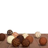 Various chocolate balls on cut timper with white square background graphic illustration have blank space. vector