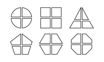 Set of geometric round, square and triangle, pentagon, hexagon and octagon shapes divided into 4 equal sectors. Simple diagrams, business charts segmented on four parts. graphic illustration vector