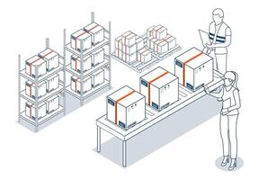3D isometric illustration of Warehouse worker scans and checks goods on storage racks for import and export operations, ensuring accurate inventory management through barcode verification. vector