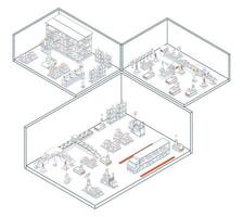 Smart Warehouse Technology and Industry 4.0. Utilizing AGVs and AMRs for efficient automated material handling, logistics, and transportation operations in modern warehouse automation systems. vector
