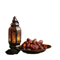 Isolated Glowing Arabic Lamp with a Plate full of Dates for Ramadan Mubarak . png