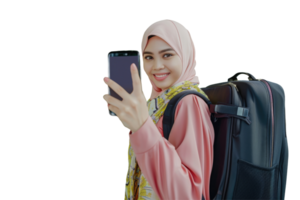 A woman in hijab holding a phone and a suitcase png