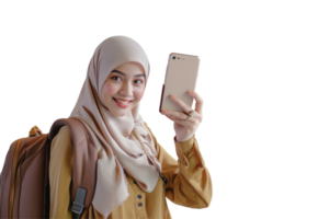 A woman in a hijab holding a cell phone png
