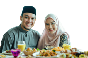 A couple posing for a photo at a table with food png