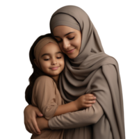 Muslim woman hugging her daughter on black background png