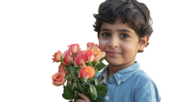 A young boy holding a bouquet of roses png