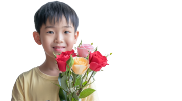 A young boy holding a bouquet of roses png