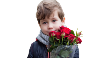 A young boy holding a bouquet of roses png