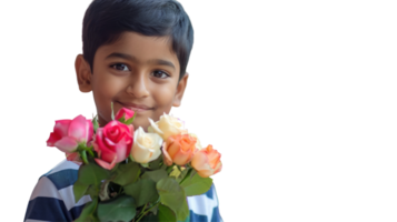 A young boy holding a bouquet of flowers png
