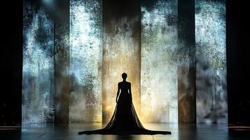 A graceful silhouette stands against a textured backdrop, exuding elegance and mystery photo