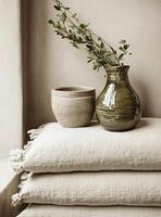 Serene still life featuring a textured vase and pot on a soft cushion photo
