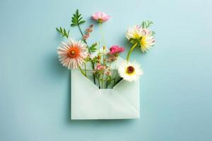Blooming florals burst from an open envelope against a soothing blue background photo