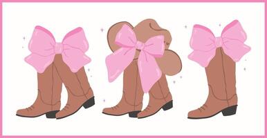 Coquette Cowgirl Boots and hat with Bow Flat Design set vector