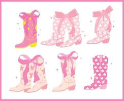 Groovy Retro Cowgirl Boots with Ribbon Bow Flat Design set vector