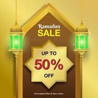 Ramadan sale banner template for promotion with beautiful golden lantern and decorations. vector