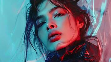 Bold, stylish portrait exploring vivid color contrasts and modern elegance photo