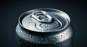 Chilled soda can artfully captured in this stunning shot, highlighting every droplet for a refreshing visual treat photo