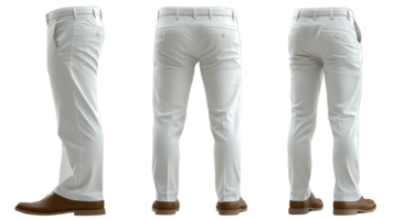 White dress pants displayed from three angles, showcasing sleek design and tailored fit png