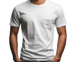 plain white t shirt with pocket, worn by man, showcasing casual style png