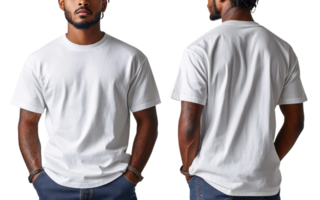Plain white t shirt displayed from front and back, showcasing its simple design and fit png