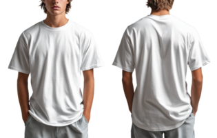 plain white t shirt displayed on male model from front and back, showcasing its simple design and fit png