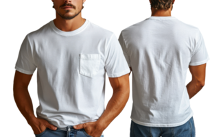 plain white t shirt displayed from front and back, showcasing its simple design and pocket detail png