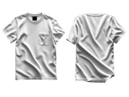 White t shirt mockup with pocket, front and back view, realistic fabric texture png