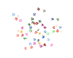 Colorful flower shapes scattered on transparency background create vibrant display png