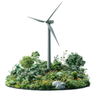 Sustainable wind turbine surrounded by lush greenery and colorful plants png