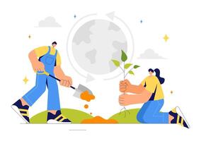 Forest Restoration Illustration with Hands Caring for Young Trees vector