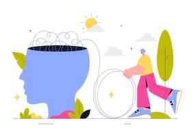 Mental Health Illustration Featuring a Brain and Flowers, Symbolizing Enjoying Life, Solving Mental Problems, and Thinking Positively vector