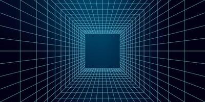 Futuristic abstract 3D portal design with a blue grid pattern. Tech-inspired wireframe tunnel with neon mesh elements and a geometric structure. Cyberpunk aesthetic with Y2K retro style. vector