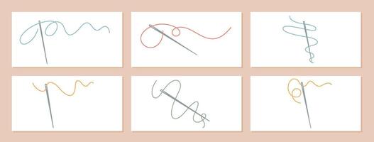 A collection of six minimalist needle and thread illustrations in various colors and patterns. Perfect for sewing, crafting, and textile design concepts, also for tailors and crafters projects. vector
