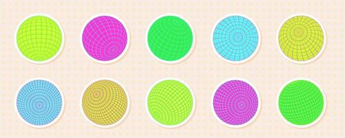 Dynamic 3D sticker collection of wireframe grid spheres. Abstract globe shapes with neon colors in a Y2K aesthetic. Vibrant pattern for tech and digital designs, perfect for a retro futuristic vibe. vector