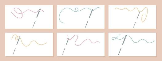 Needles with colorful threads forming intricate patterns. Cute illustration showcasing essential tools for sewing, embroidery, and needlework projects. Tailor supplies for handmade craft and designs. vector