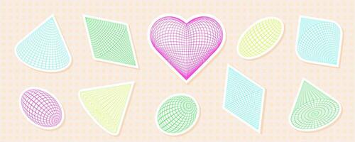 Pastel collection of geometric shapes, featuring a heart, with grid wireframe and mesh patterns. Abstract y2k sticker design, highlighting futuristic and retro elements. vector