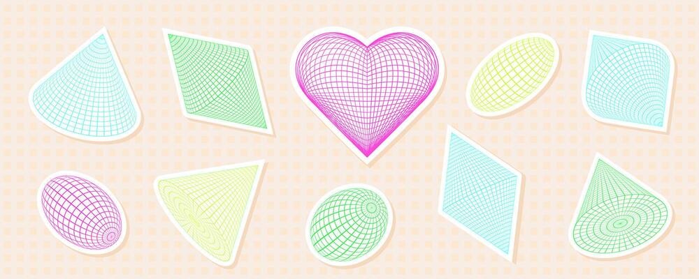 Pastel collection of geometric shapes, featuring a heart, with grid wireframe and mesh patterns. Abstract y2k sticker design, highlighting futuristic and retro elements.