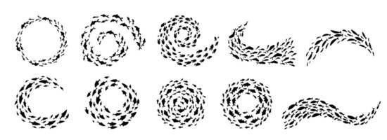 Circular school of fish creating varied and elegant shapes in the ocean. This underwater imagery captures marine patterns and life in the sea, presenting a harmonious aquatic scene. vector
