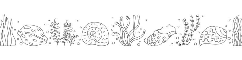 Line art set of marine elements. Features detailed seashells, sea plants, and underwater flora. Ideal for creating aquarium, sea, or ocean-themed designs with simplicity. vector