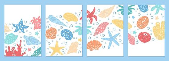 Aquatic themed illustration set with marine life and coral formations in a vibrant underwater setting. Showcases a design variety of life forms in the ocean water, full of color and beauty. vector