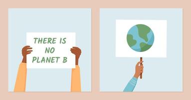 Hands hold signs with environmental messages and Earth images. This social media template emphasizes the ecology protest, with people showing community strength, and solidarity for global causes. vector