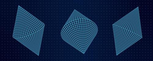3D abstract set of mesh cones shapes at dotted grid background. The wireframe geometric designs with conic forms in a Y2K retro aesthetic with a futuristic vibe. vector