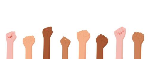 Set of diverse isolated support symbol fist, a woman is holding a protest sign, a person shows up with a strength and solidarity gesture, character holds a revolution fist. vector