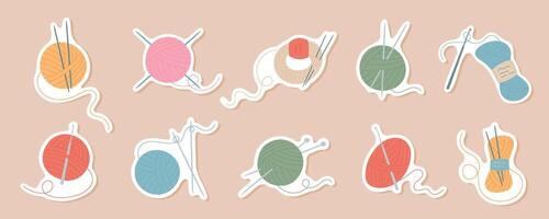 Set of yarn balls paired with needles sticker pack, ready to sew and knit various textiles. Tailors use these tools and thread to create beautifully crafted sewing and knitting projects. vector
